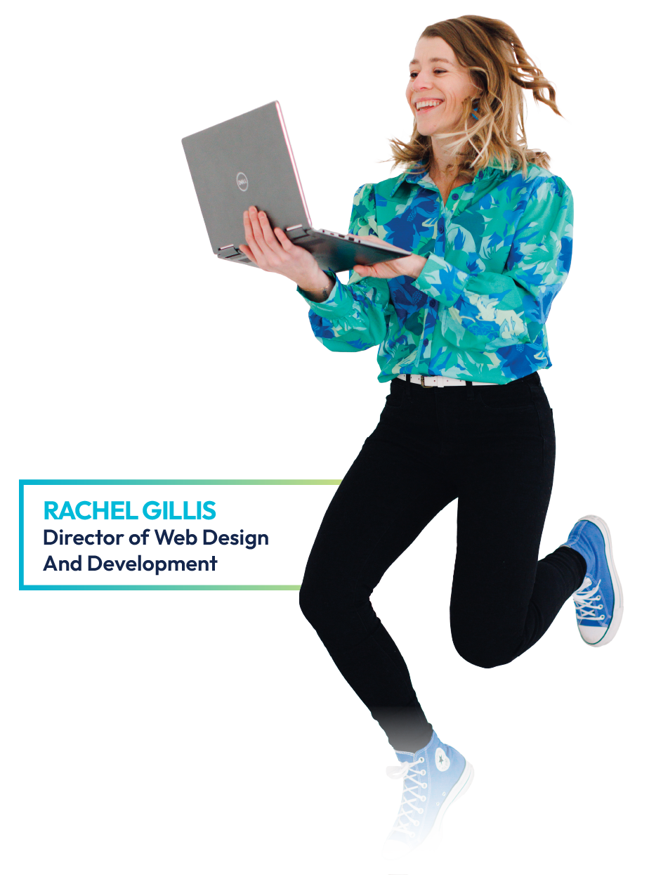 Woman in blue blouse and black pants jumping with a laptop and notebook, smiling on white background.