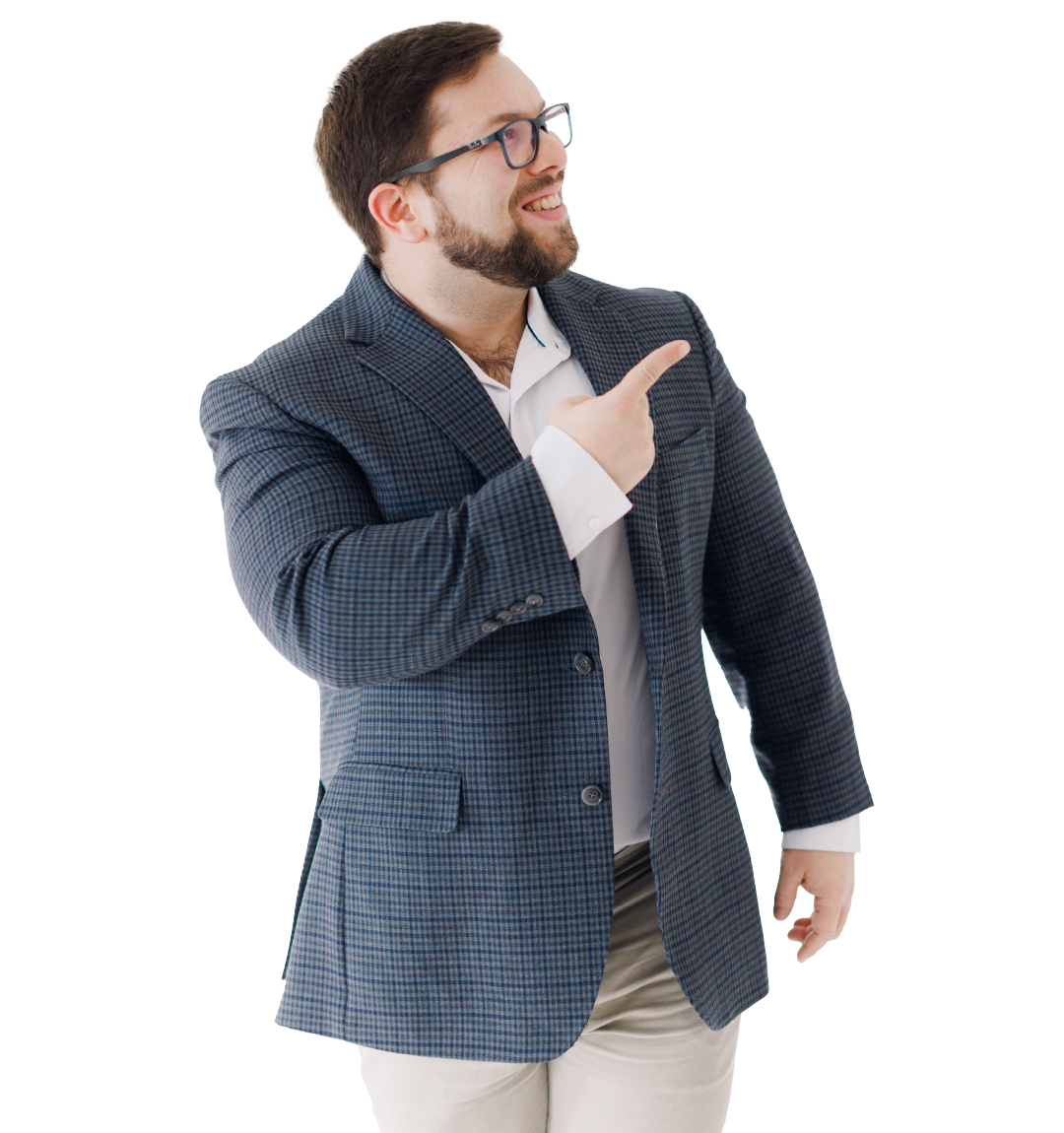 Man in a blue blazer pointing to the side against a white background