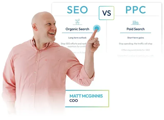 Man in pink shirt pointing at SEO vs PPC comparison graphic on white background