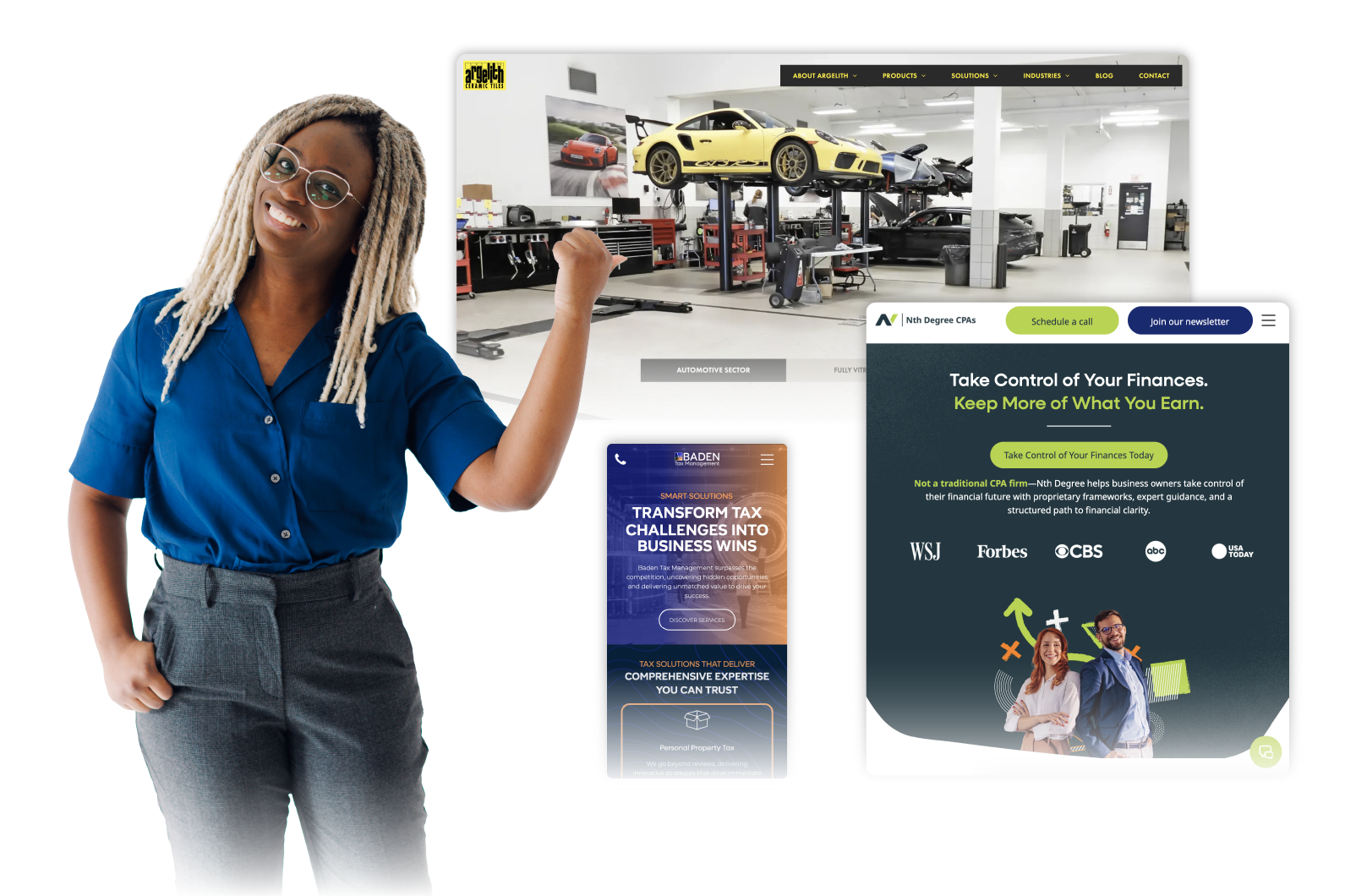 Woman in blue shirt presenting a car garage website interface with a large app-style promo card on a white background