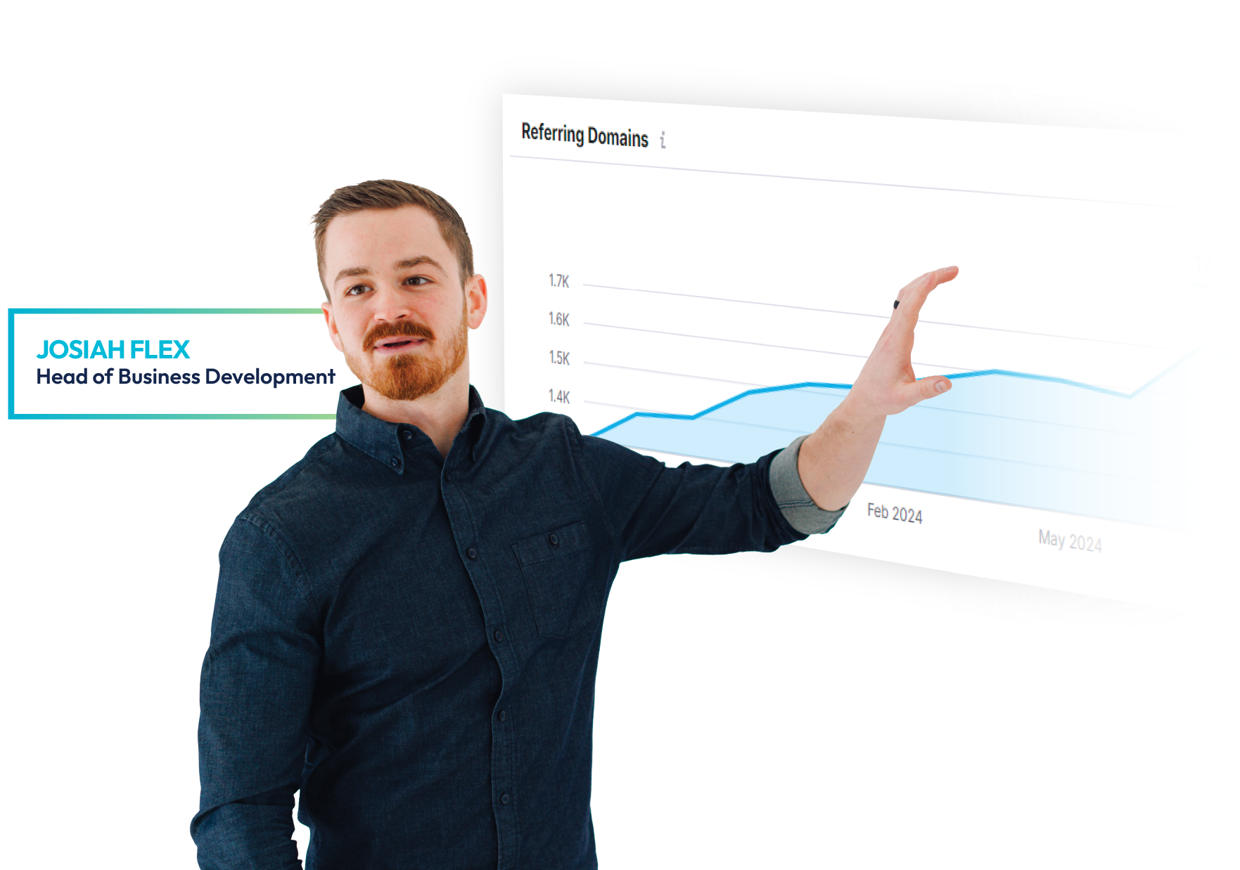 Presenter gesturing beside a chart in a bright office setting