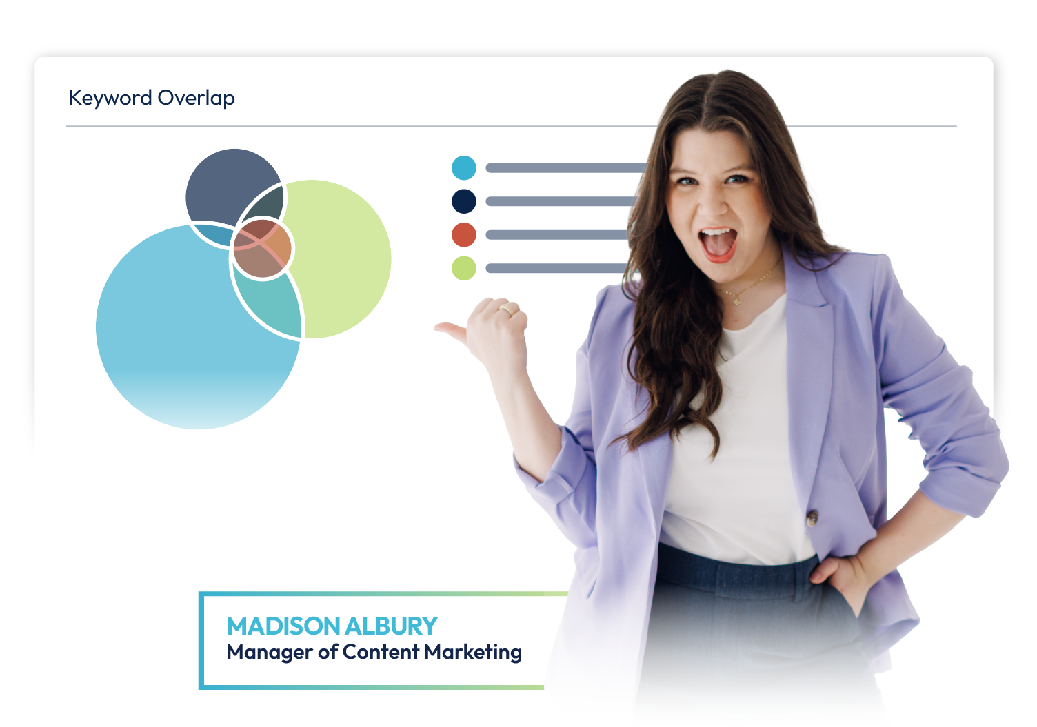 Woman presenting a colorful Venn diagram and bars beside a “Keyword Overlap” slide