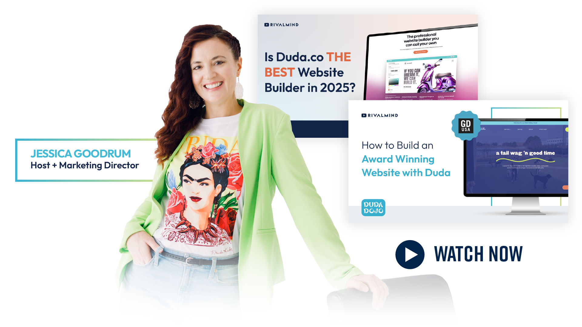 Smiling woman in green cardigan beside marketing webinar promo with “Watch Now” button