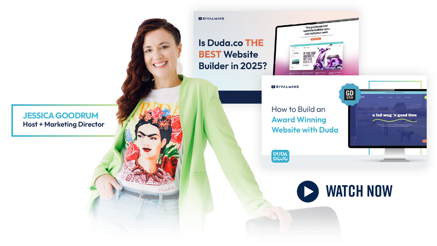 Smiling woman in green cardigan beside marketing webinar promo with “Watch Now” button