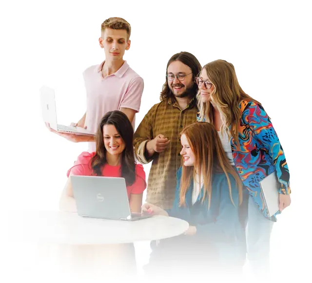 Five people gathered around a laptop, collaborating in a bright white office setting