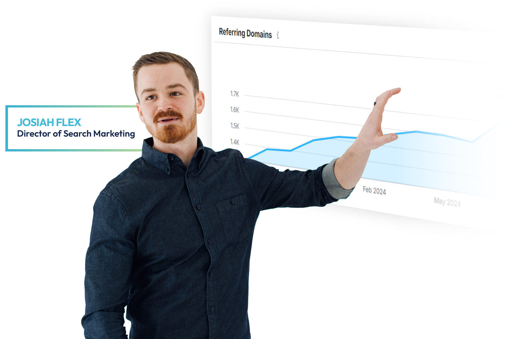 Presenter gesturing beside a chart in a bright office setting
