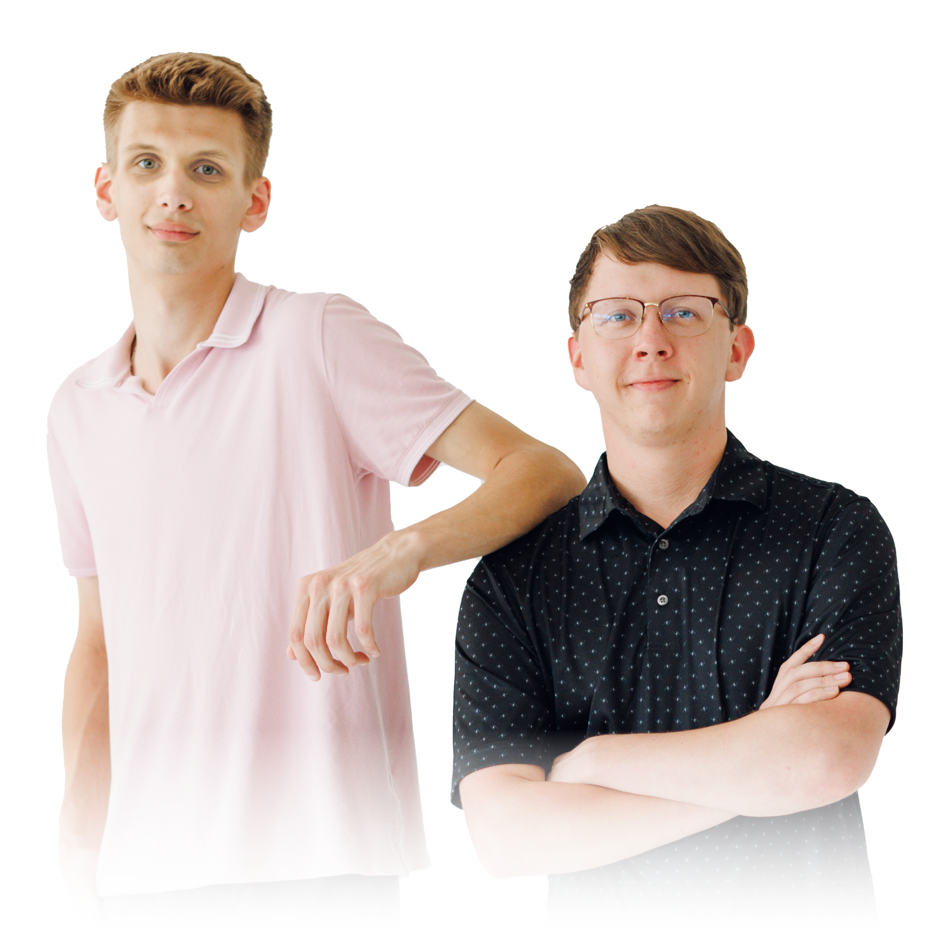 Two men posing against a white background, one in a pink shirt and one in a black shirt with glasses.