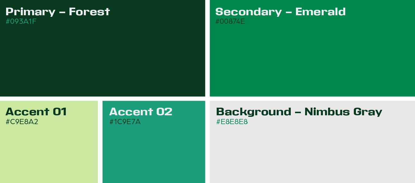 Color palette swatches: dark forest green, emerald green, light green, teal, and light gray.