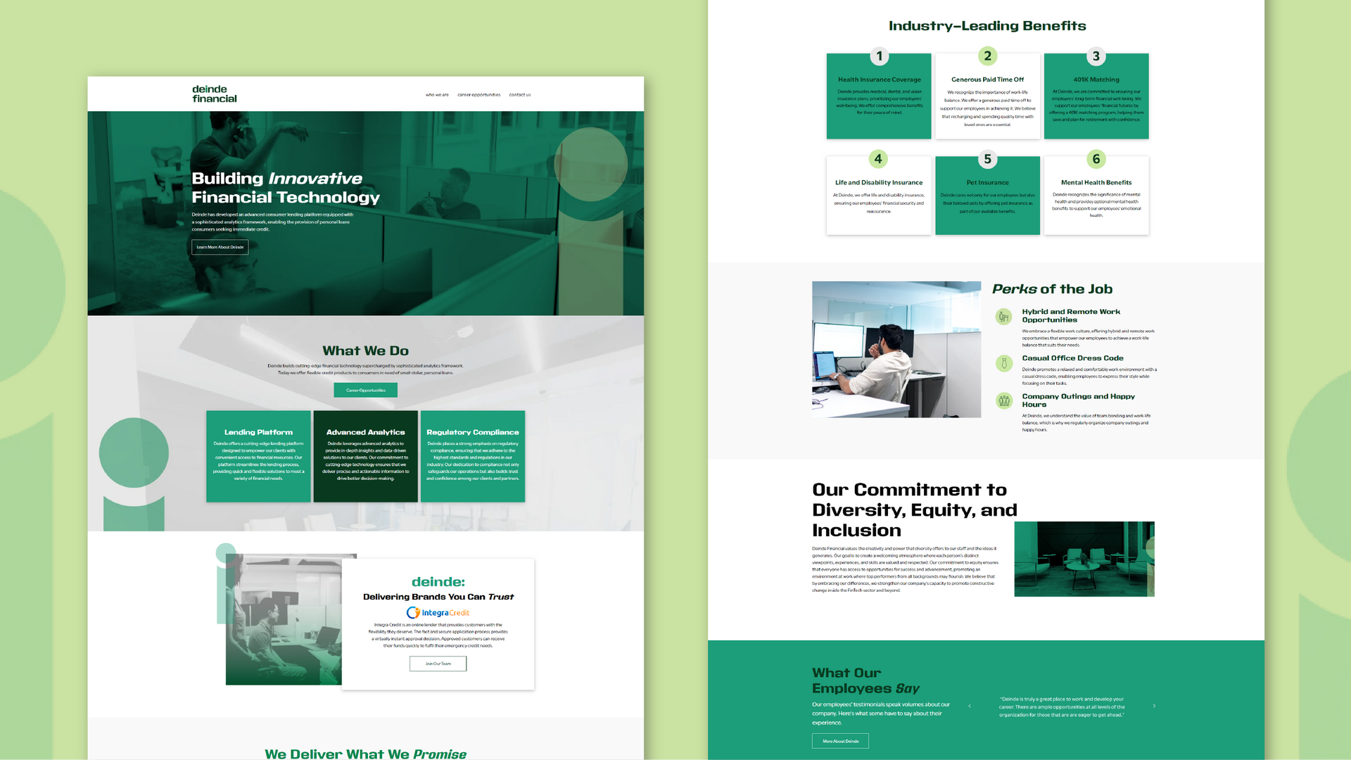 Two green-and-white website page mockups with text blocks, icons, and photos displayed side by side
