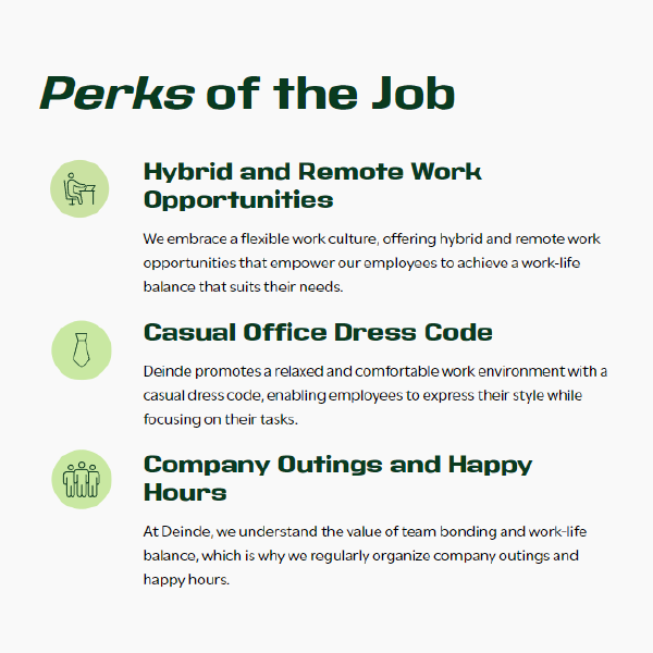 Perks of the Job infographic with green icons: hybrid work, casual dress code, and company outings/happy hours