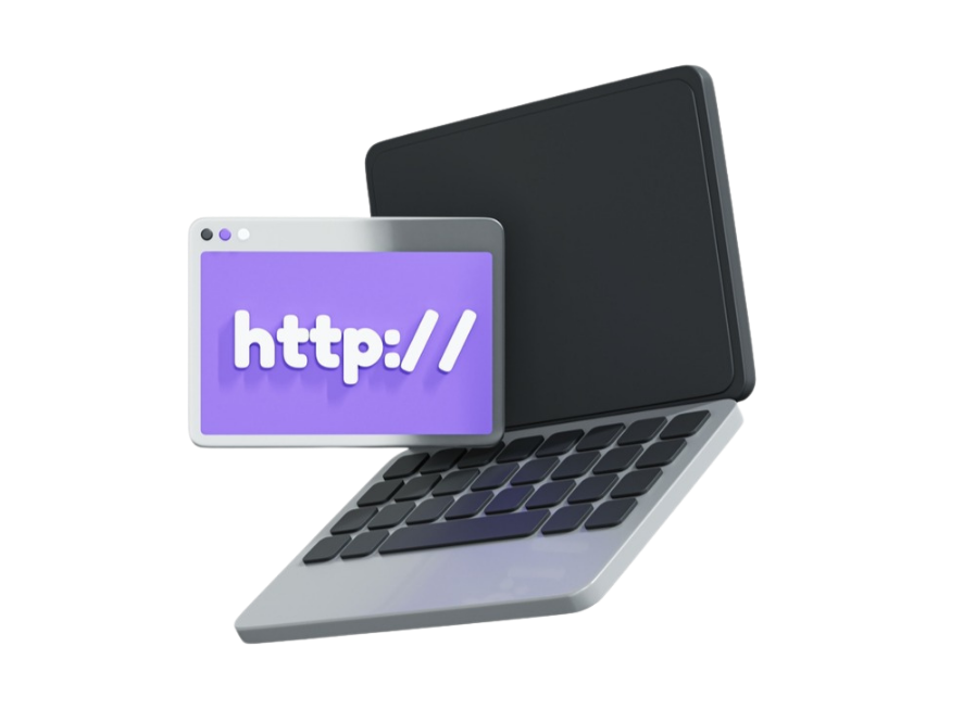 Laptop with a purple browser window showing “http://” on the screen