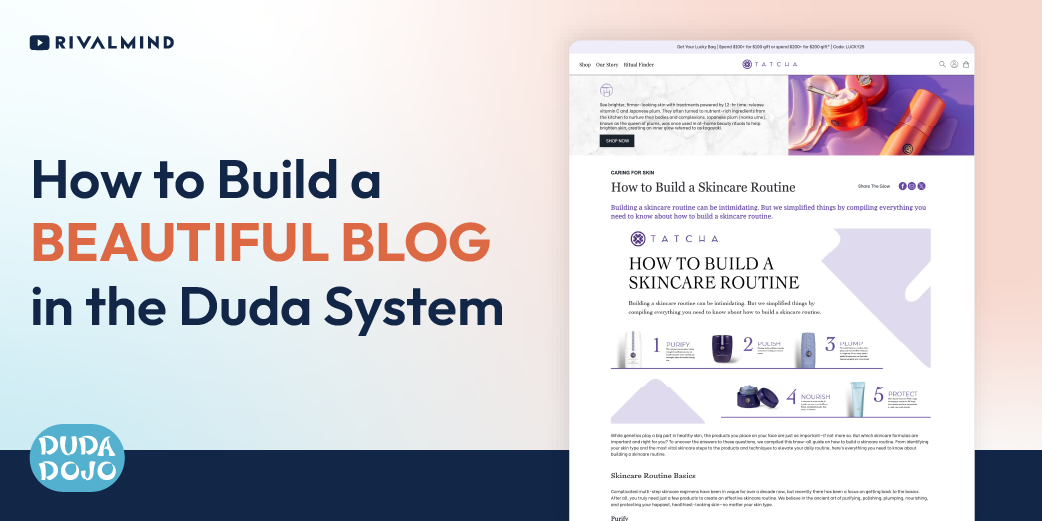 Tutorial banner reading “How to Build a Beautiful Blog in the Duda System” with a website mockup on blue background