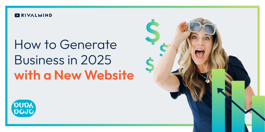Banner reading “How to Generate Business in 2025 with a New Website,” with a woman and rising graph icon.