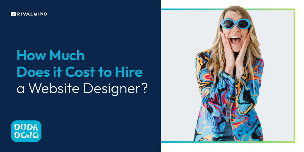 Website design cost banner with smiling woman in blue sunglasses and text on navy background