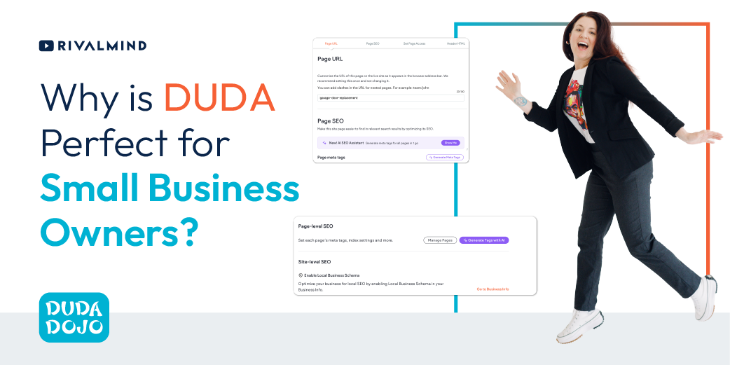 Promo banner with woman beside laptop, titled “Why is DUDA Perfect for Small Business Owners?”