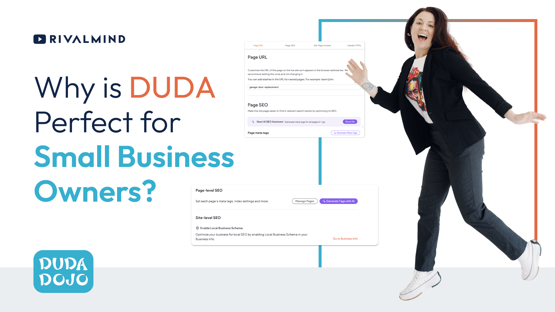 Ad for DUDA: “Why is DUDA Perfect for Small Business Owners?” with website mockup and woman jumping on white background
