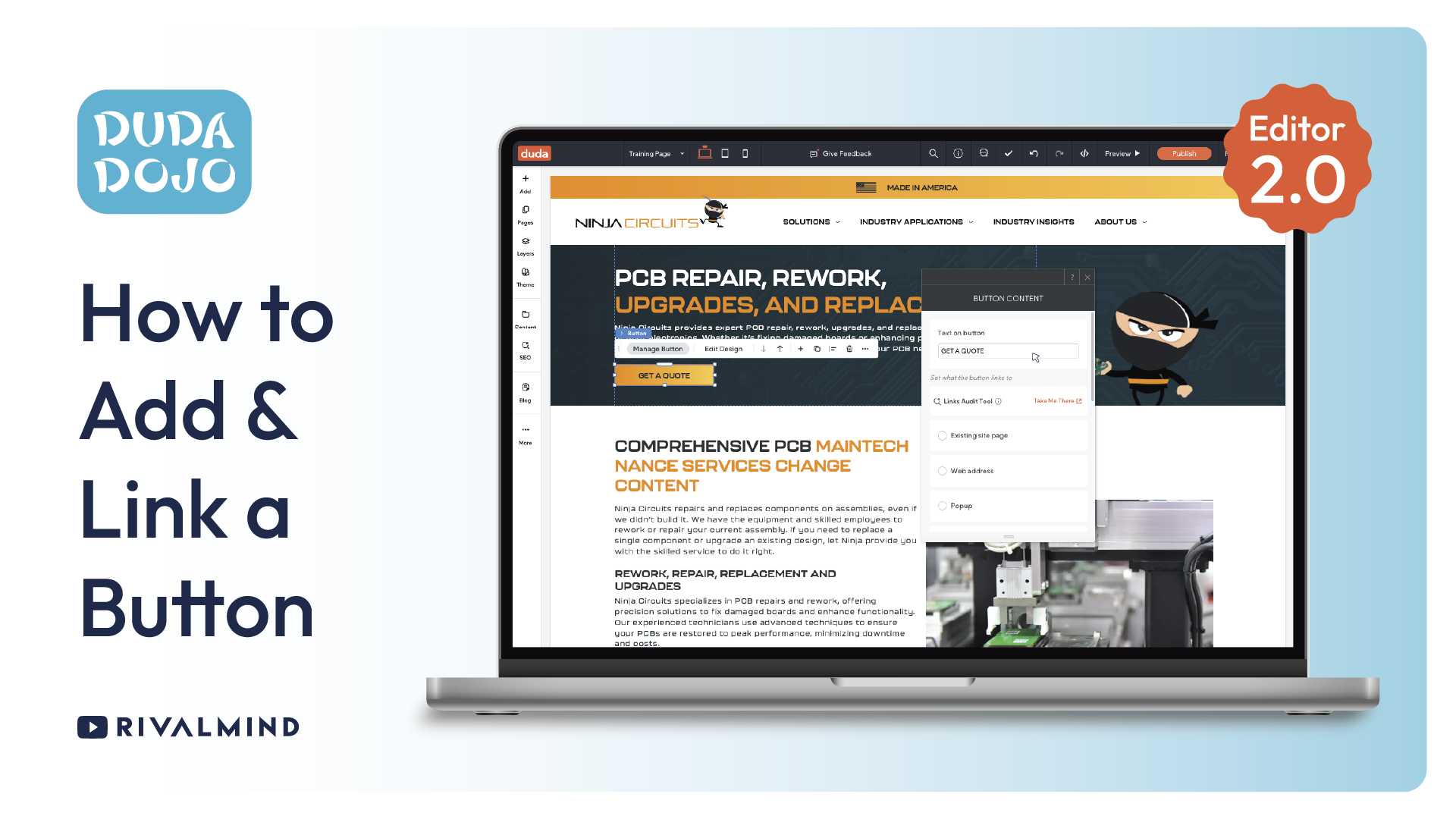 Tutorial graphic: “How to Add & Link a Button” beside a laptop screen, with “Editor 2.0” badge.