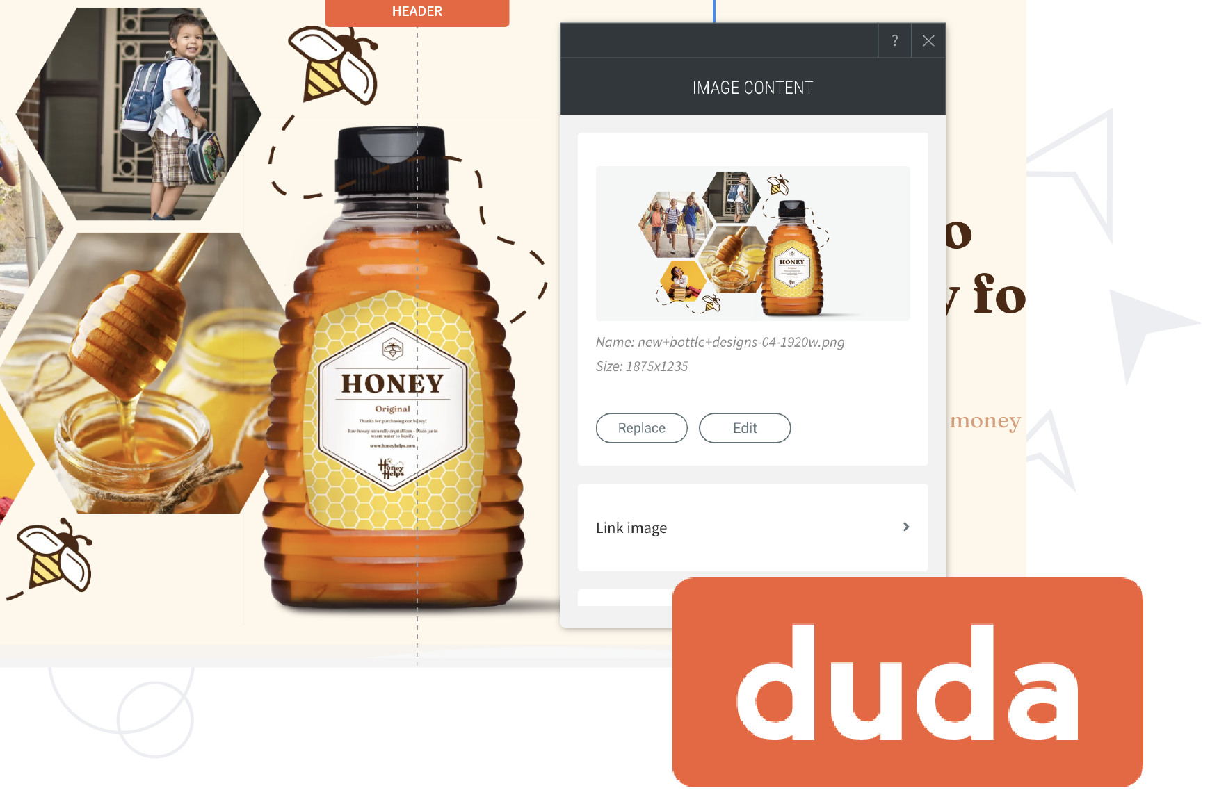 Duda website mockup showing a honey product layout with a phone preview and honey bottle on a white background