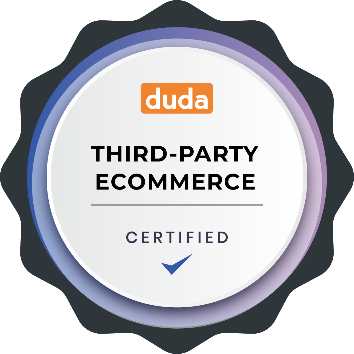 Duda third-party ecommerce certified badge with orange logo and blue checkmark