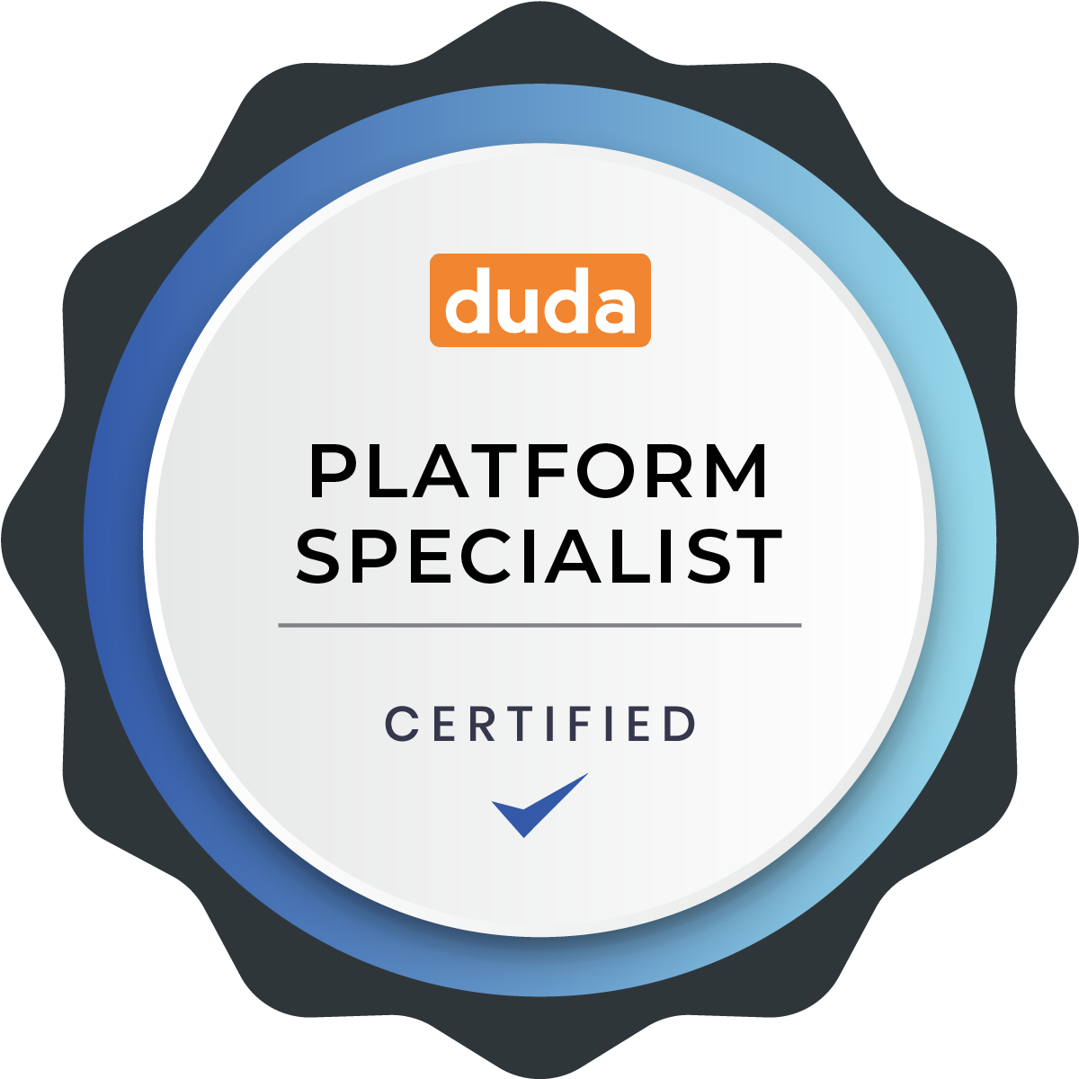 Duda Platform Specialist certified badge with blue and black seal