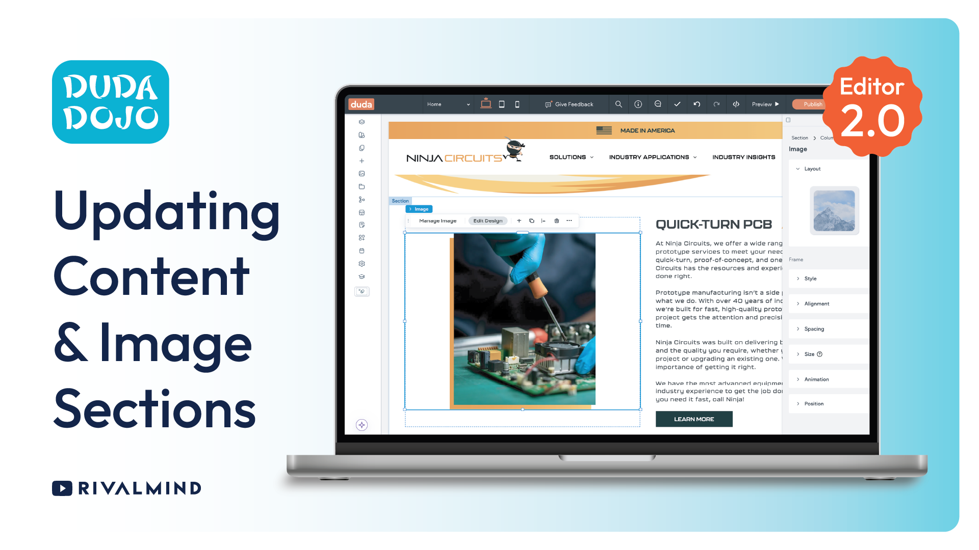 Laptop displaying content editing interface with “Updating Content & Image Sections” text and Editor 2.0 badge