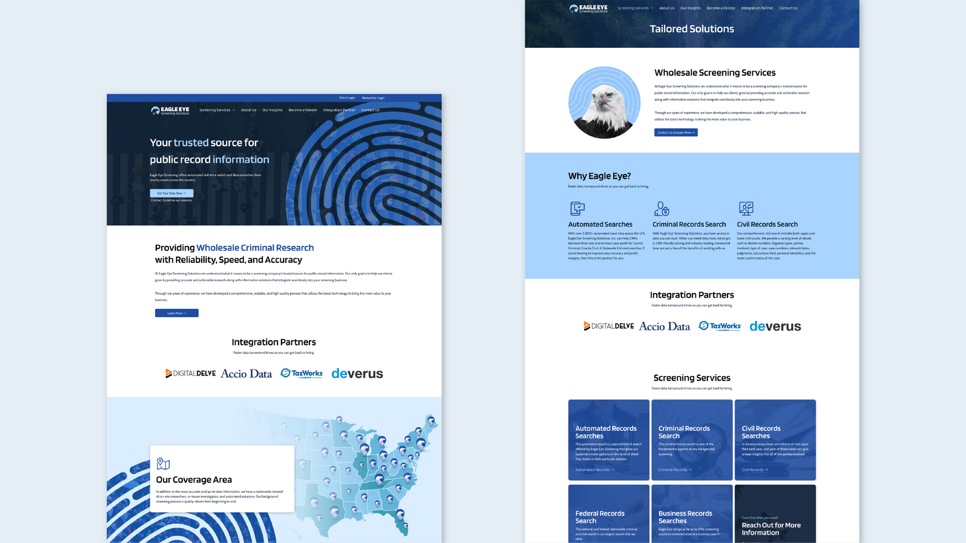 Two blue-and-white website mockups with navigation, profile area, and content cards.