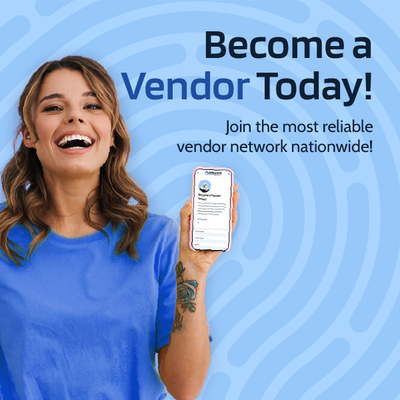 Promotional graphic: smiling woman in blue holding a phone, with text “Become a Vendor Today!” on a blue background