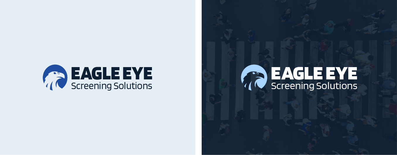 Eagle Eye screening solutions logo on light and dark blue backgrounds with blue eye icon