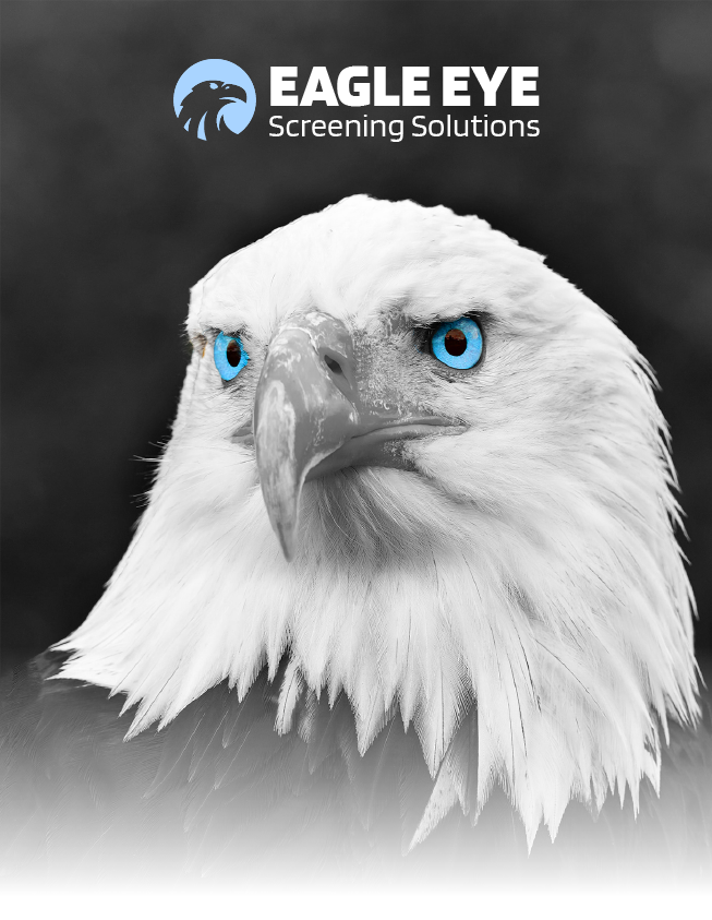 White eagle head with bright blue eyes beside the Eagle Eye Screening Solutions logo on a dark background