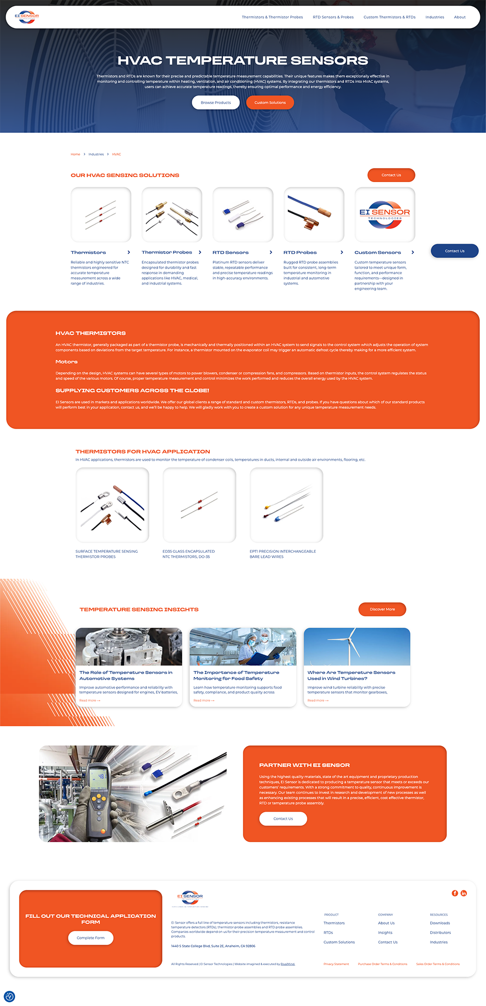 Blue-and-orange company website homepage with product icons, charts, and a prominent call-to-action button