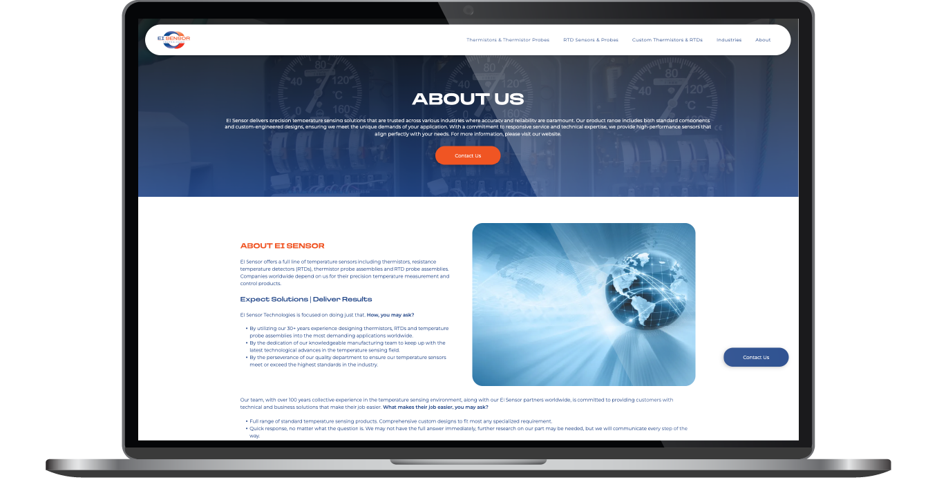 Laptop displaying a blue corporate website homepage with a globe image and navigation bar