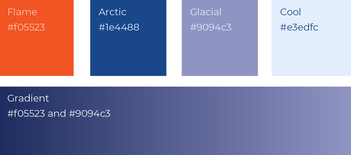 Five vertical color swatches: navy, white, blue, dark navy, and orange with hex codes.
