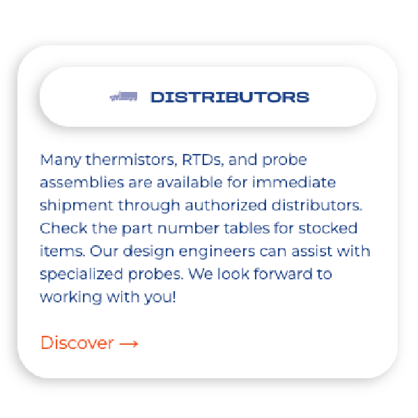 Distributor info card with blue heading, paragraph text, and orange “Discover →” link on white background