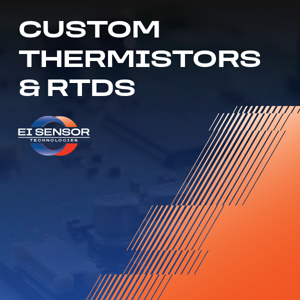 Custom thermistors and RTDs promo graphic with blue and orange diagonal accents and EI Sensor logo