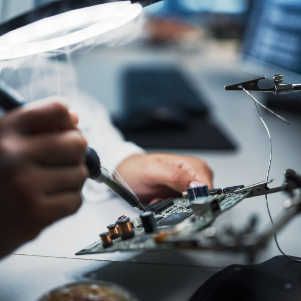 Hands soldering a circuit board under a magnifying lamp in a electronics repair workspace