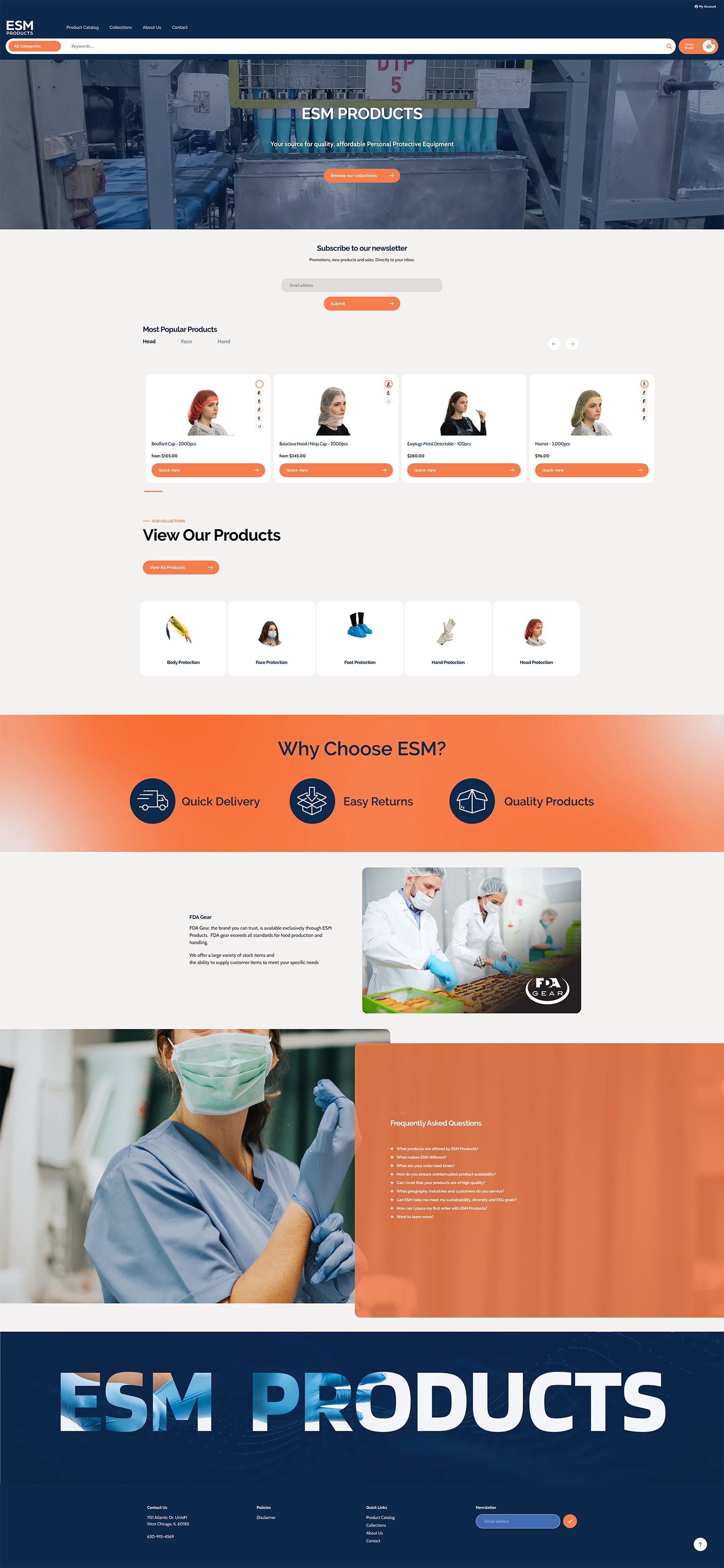 Dental clinic homepage with blue and orange sections, service icons, staff photo, and “ESM PRODUCTS” banner