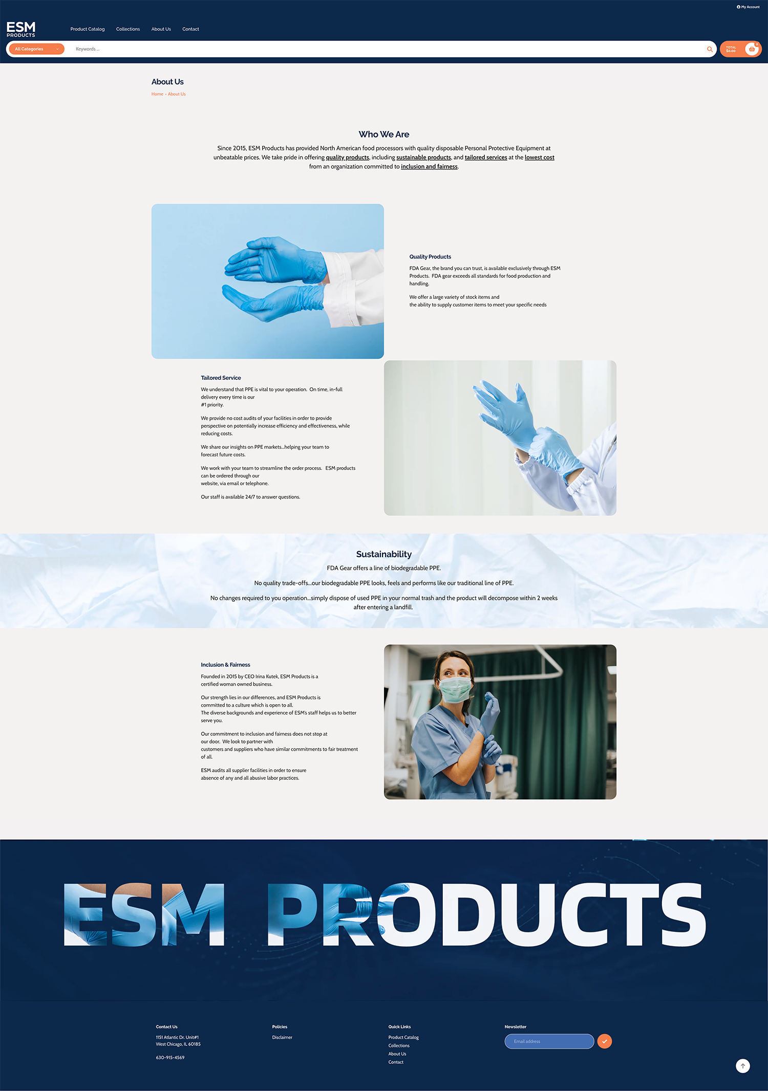 Webpage for ESM Products with blue medical visuals, text sections, and a worker photo on a clean white layout