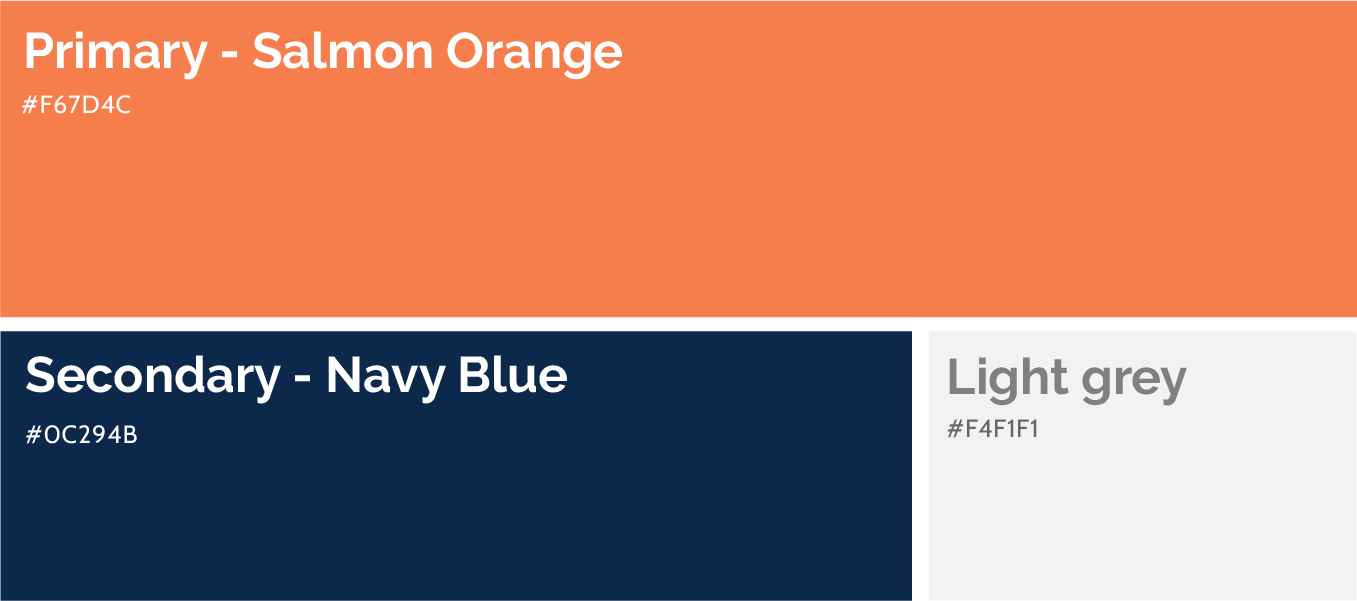 Color palette swatches labeled Primary salmon orange, Secondary navy blue, and light grey.