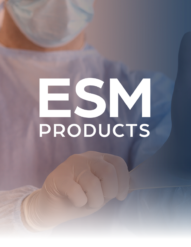 ESM Products logo over a blurred medical worker background with gloved hands