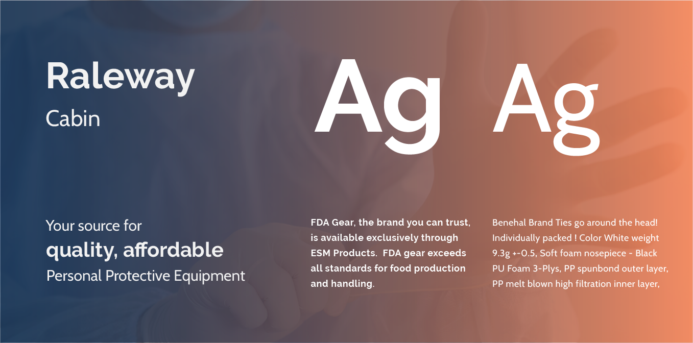 Orange-purple gradient promo graphic for “Raleway Cabin” with large “Ag” sample and small text blocks