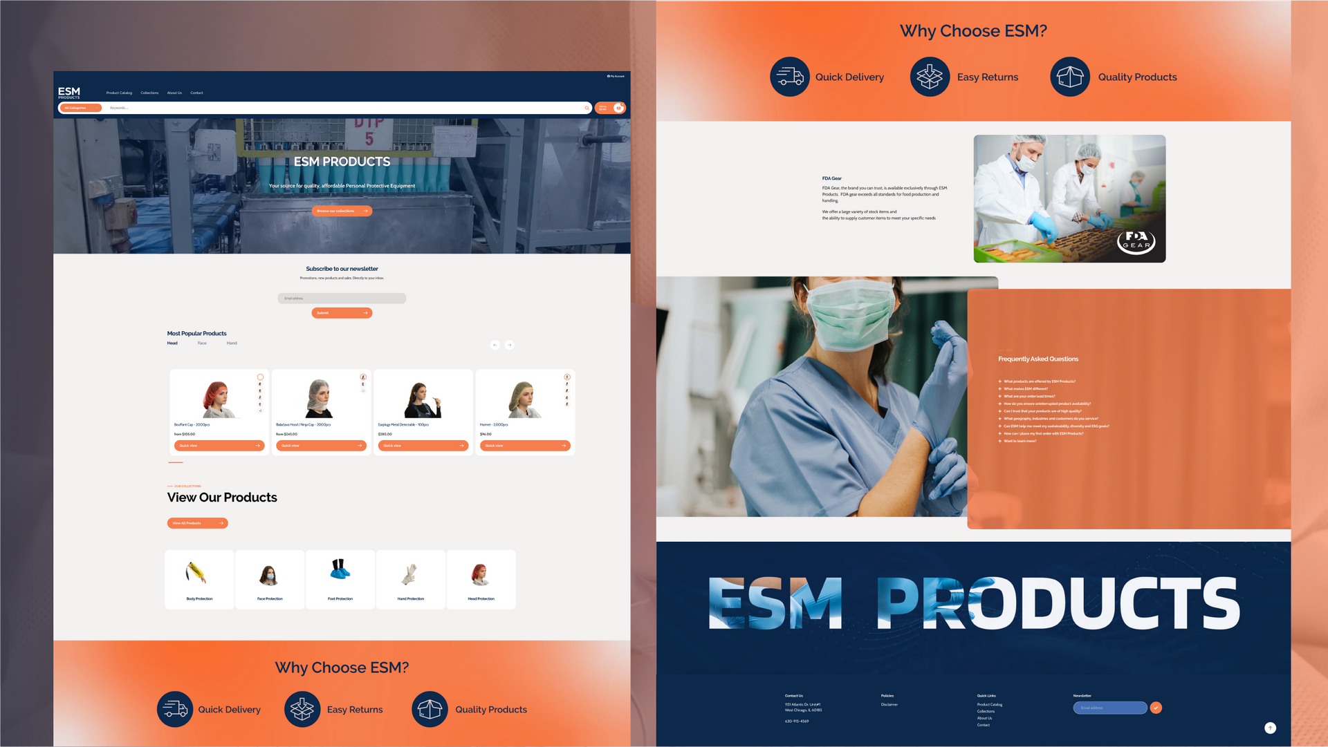 Collage of two website mockups with orange and blue themes, showing product and service pages.