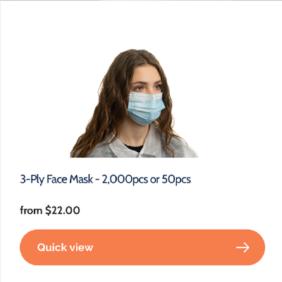 3-ply face mask product listing with model wearing a blue surgical mask and “Quick view” button