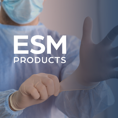Gloved medical worker in blue scrubs reaching toward a transparent touchscreen, with “ESM PRODUCTS” text overlay