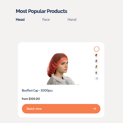 Most Popular Products page showing a red bouffant cap product card with price and quick view button