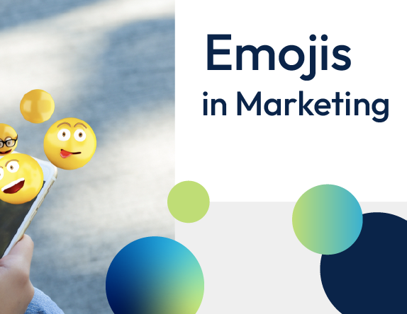 Hand holding phone with floating emoji faces beside text “Emojis in Marketing”