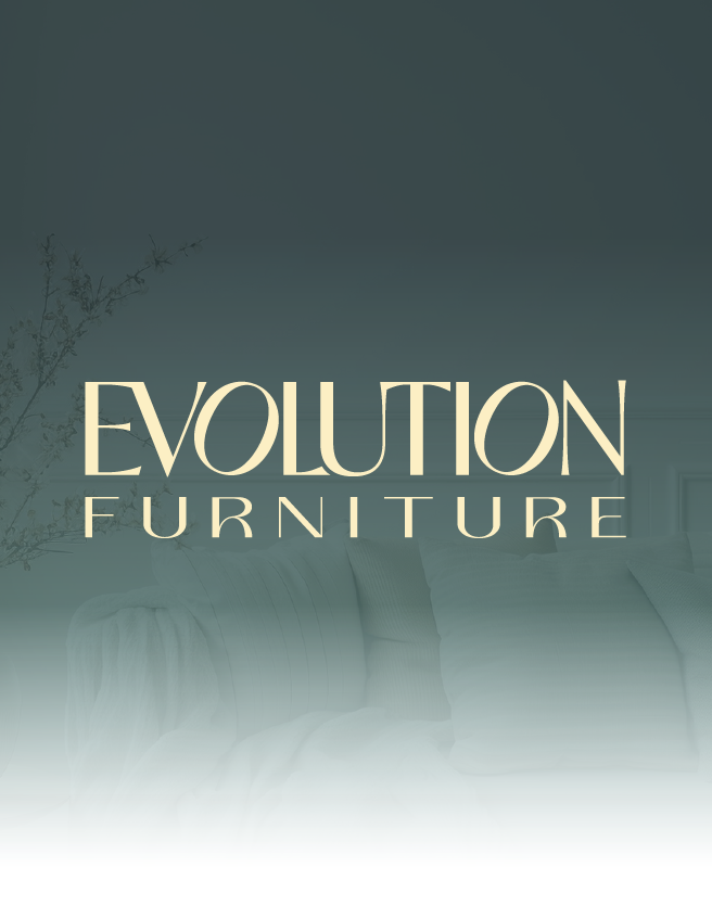 Evolution Furniture logo in gold serif text on a dark gray gradient background