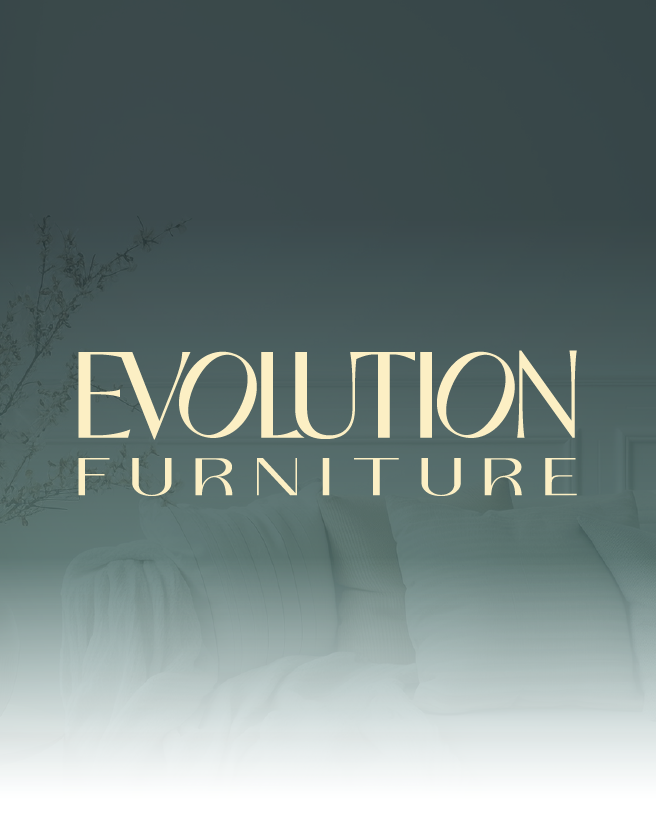 Evolution Furniture logo in gold text on a dark teal background with a white fade at the bottom