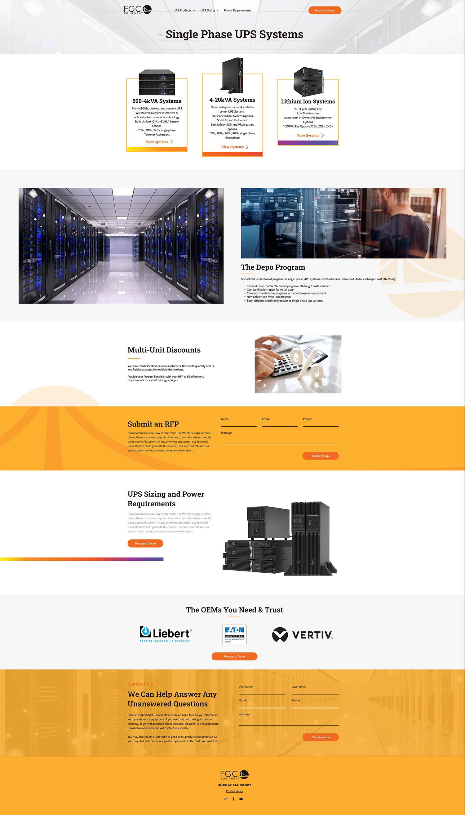 Server hosting webpage with server rack photos, orange accents, and product sections