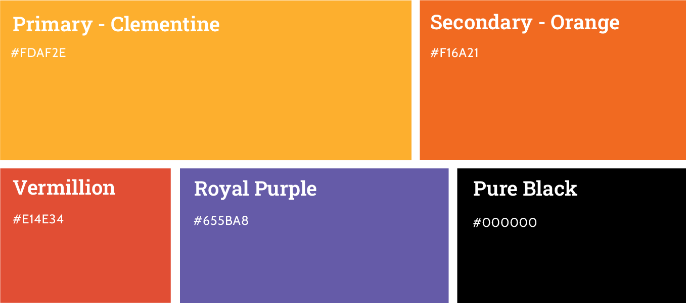 Color palette swatches labeled Primary-Clementine, Secondary-Orange, Vermilion, Royal Purple, and Pure Black.