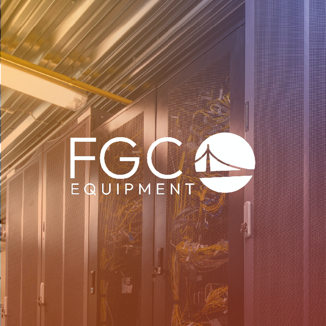 FGC Equipment logo over a warm-lit industrial server room with metal racks and cables